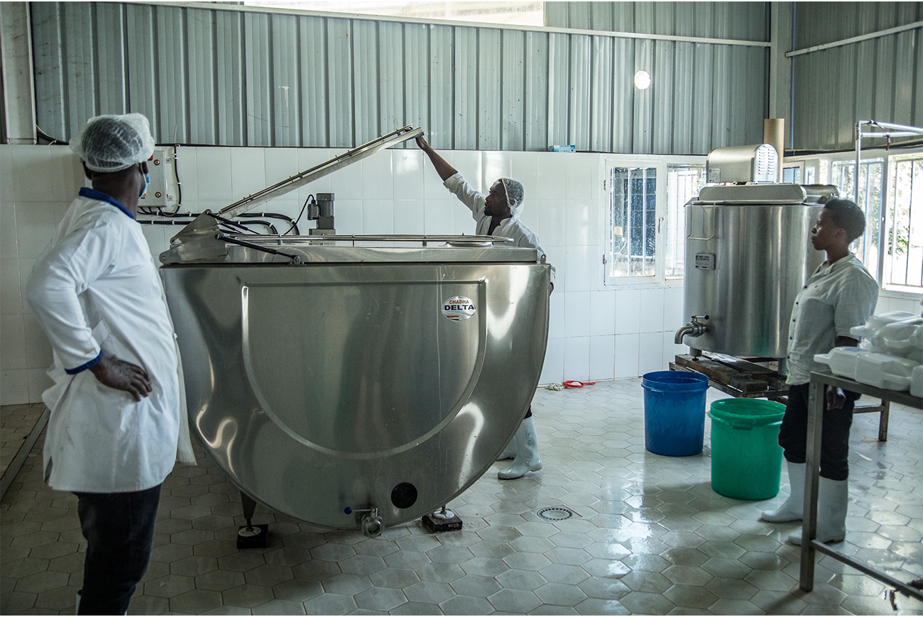 Members of a milk collection center stand around a milk chilling tank.