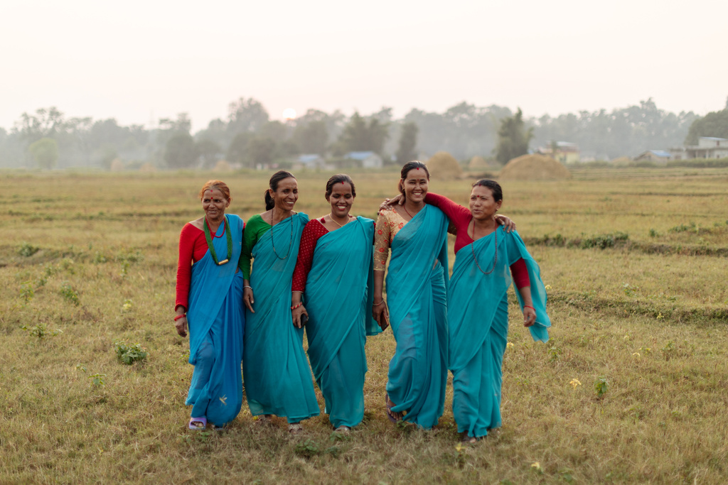 Hari Kaia Khadka, Durga Paudel, Rupa Khatri, Jasi Oli, and Gahani Khadka (members of the Sagarmatha Co-op) walk together in the sunset at the Banke Goat Collection Center in Banke, Nepal.