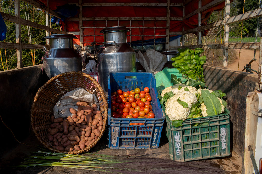 Harvested produce is loaded into an agri-transport vehicle and ready for market in Palpa, Nepal.