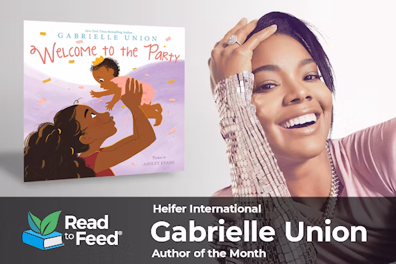 Actress Gabrielle Union portrait next to an image of her book Welcome to the Party.