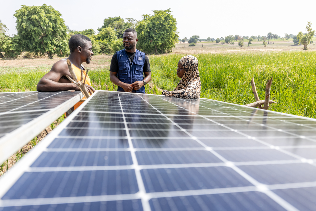 Three people talk beside solar panels in a field.