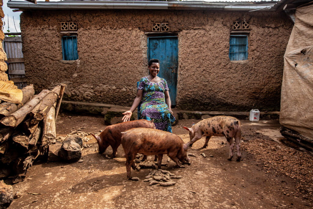 A woman stands outside her home with several piglets gathered in front of her.
