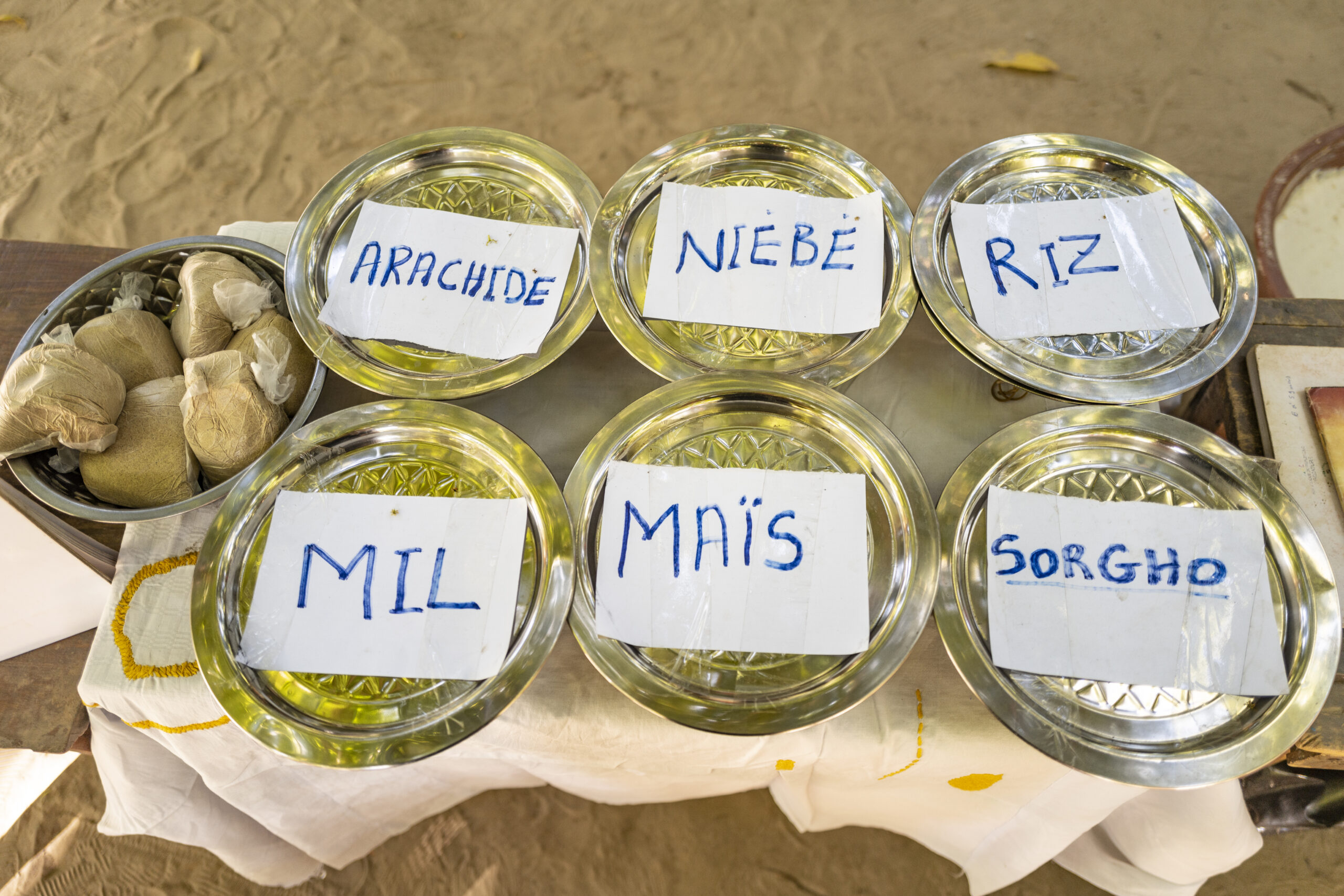 Bowls labeled millet, maize, sorghum, rice, peanuts and beans.