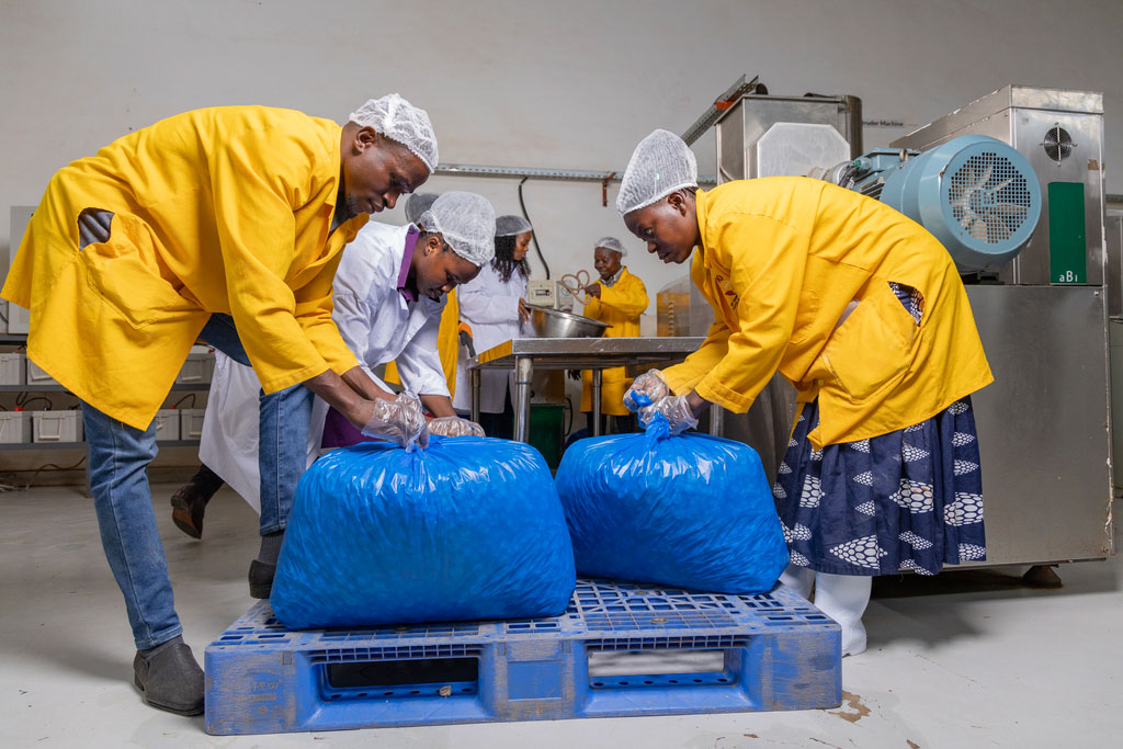 Workers package porridge materials in a processing facility in Uganda.