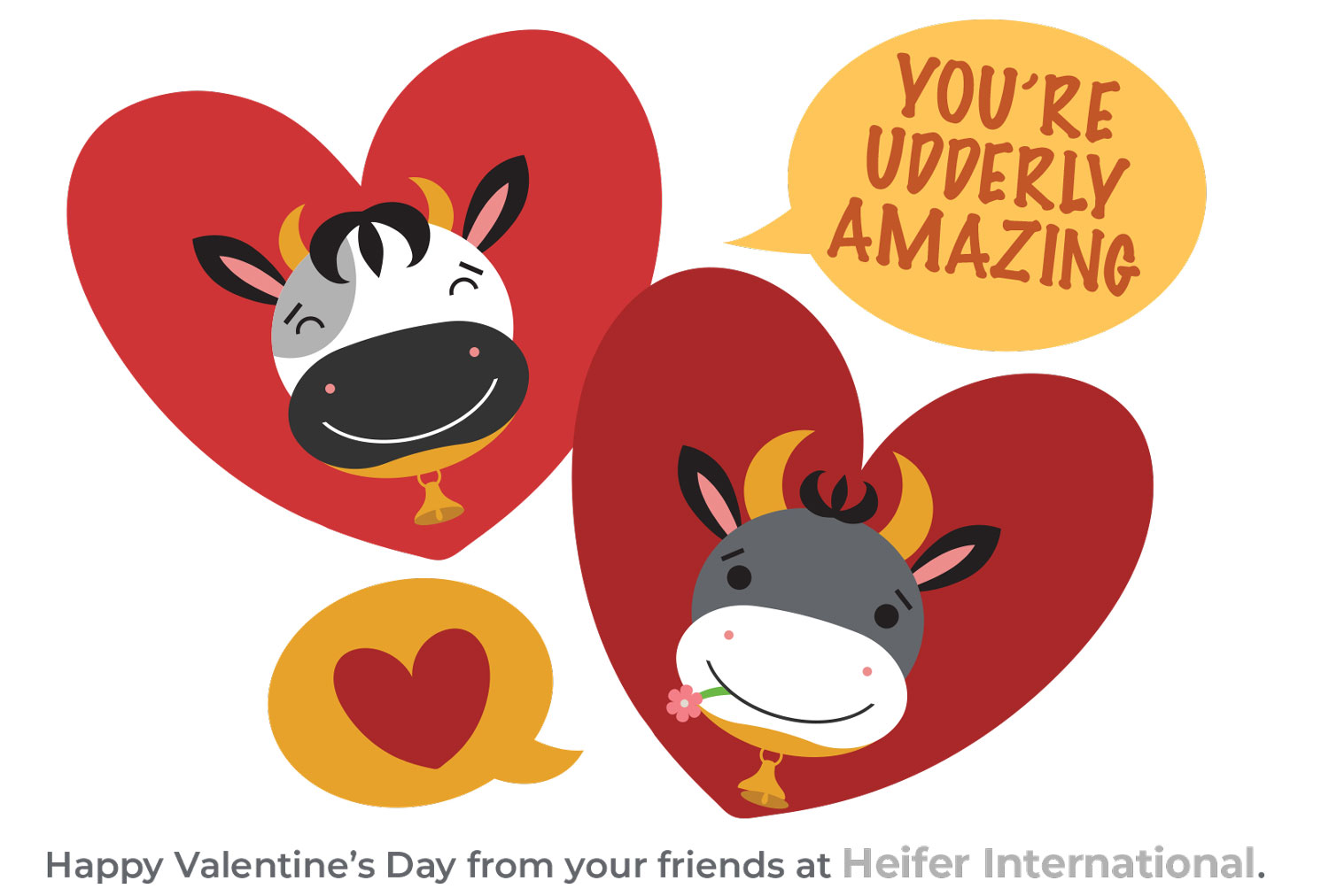 The front cover of the Valentine's Day card featuring an illustration of hearts and cows with the text, "You're udderly amazing. Happy Valentine's Day from your friends at Heifer International."