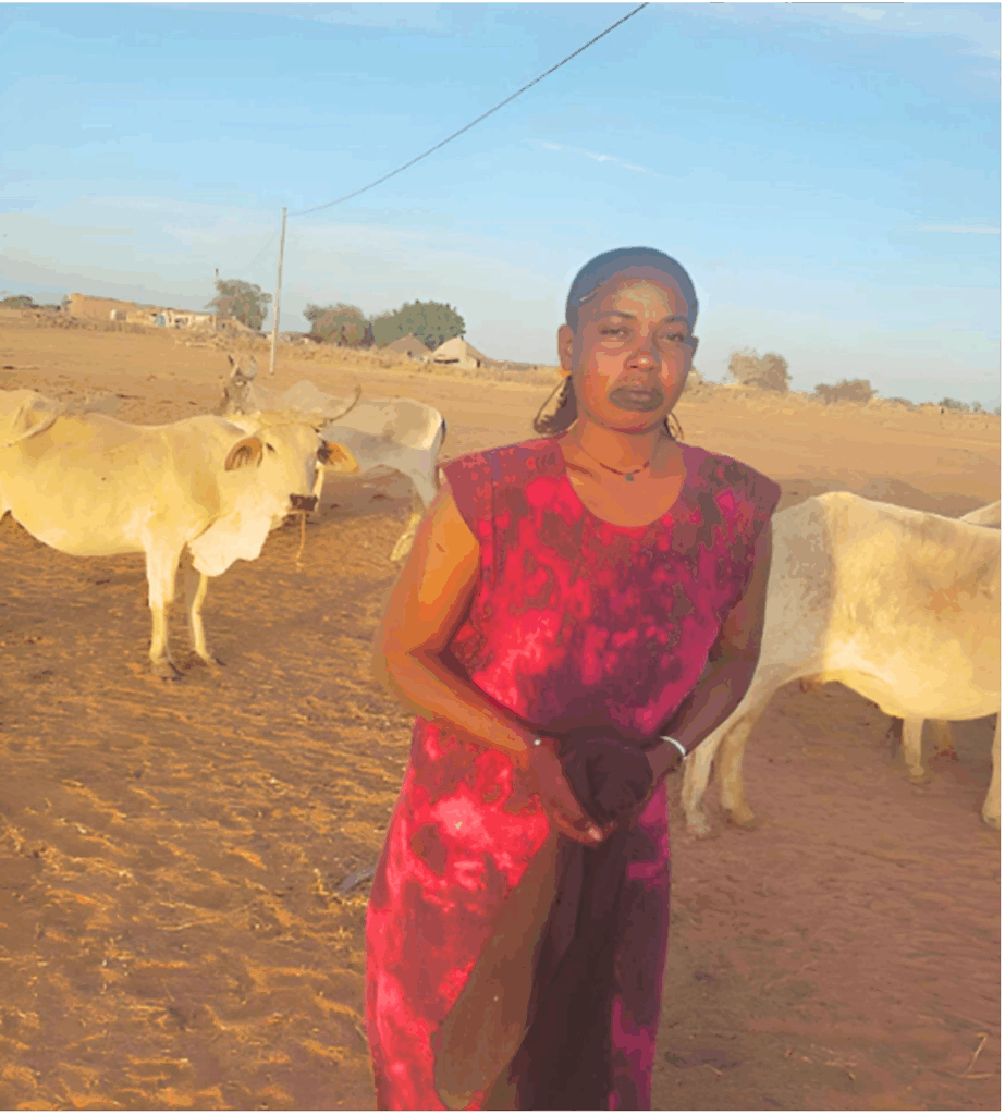 Woman stands beside cattle on dry land in Senegal.