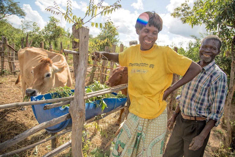 Family in Zambia poses with their cows.