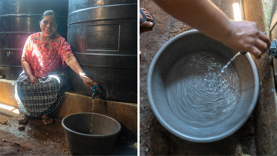 Zoila smiles as she fills a tub with water.