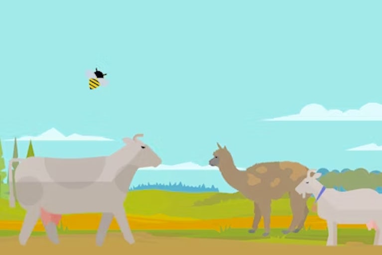 A graphic of a bee, cow, alpaca, and goat in a field