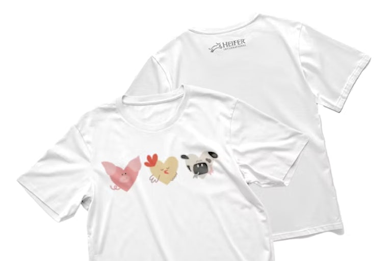 Front and back of a t-shirt with a heart shaped chicken, pig, and cow.