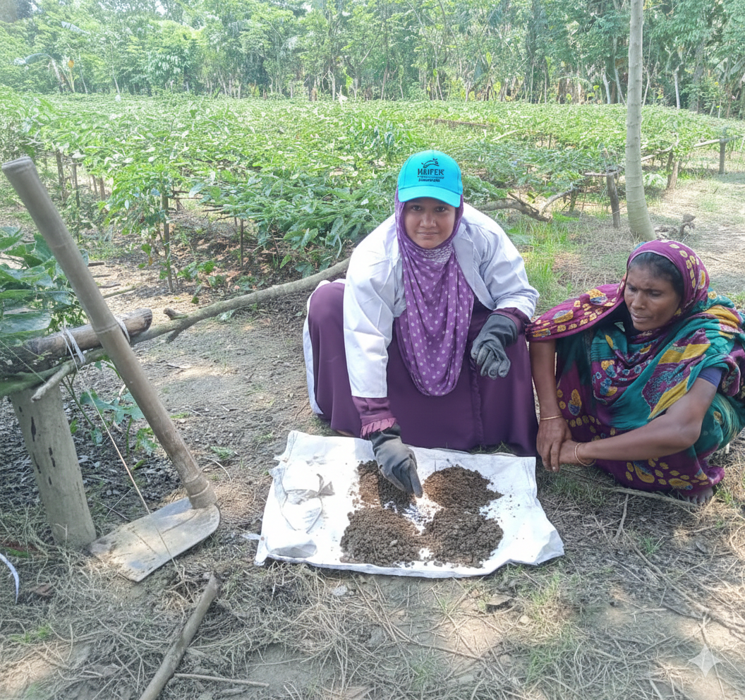 Two women crouch beside a soil sample.