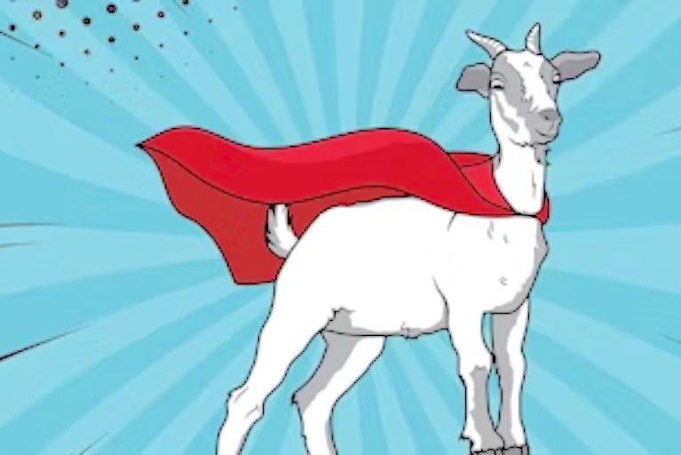 illustration of a goat wearing a red cape and named Captain Hoof.