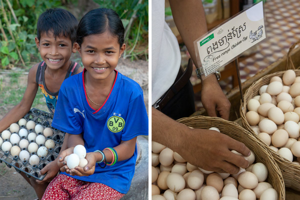 Savi's children holding their chicken eggs