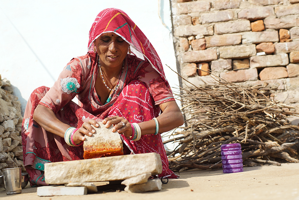 Buddi Devi grinds Mathania chilis with other spices to make chutney. Buddi Devi grinds Mathania chilis with other spices to make chutney.