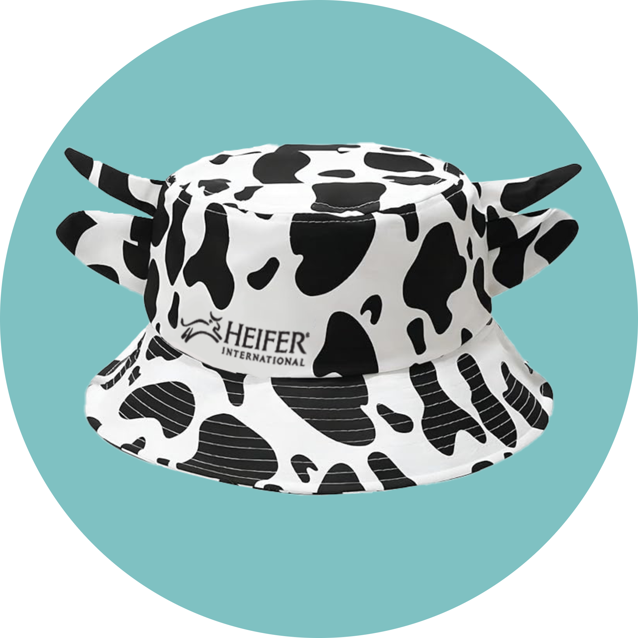 A cow print hat available with a $20 donation to Heifer.