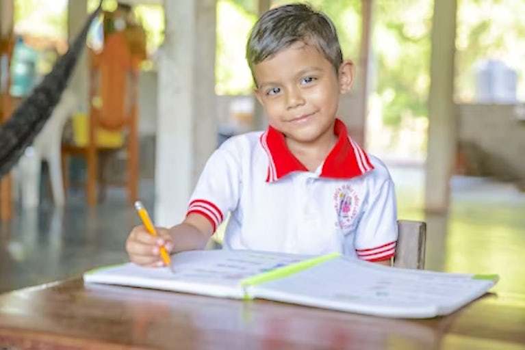 Young boy posing for the camera with a pencil in his hand
