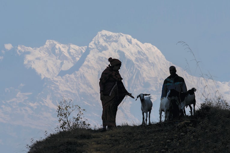 Man and woman tending to goats in a mountain community.