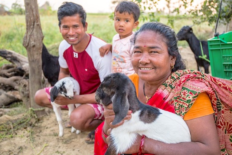 Family with baby goats.