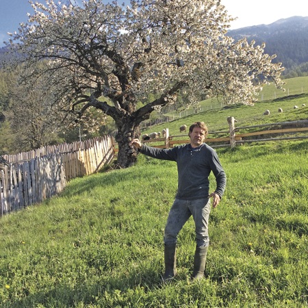 Fences can't keep out pesticides. A farmer points to his fenced-in apple trees.