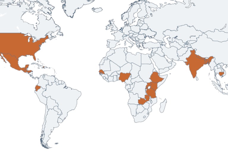 Illustration of a global map with orange sections highlighting where Heifer works.