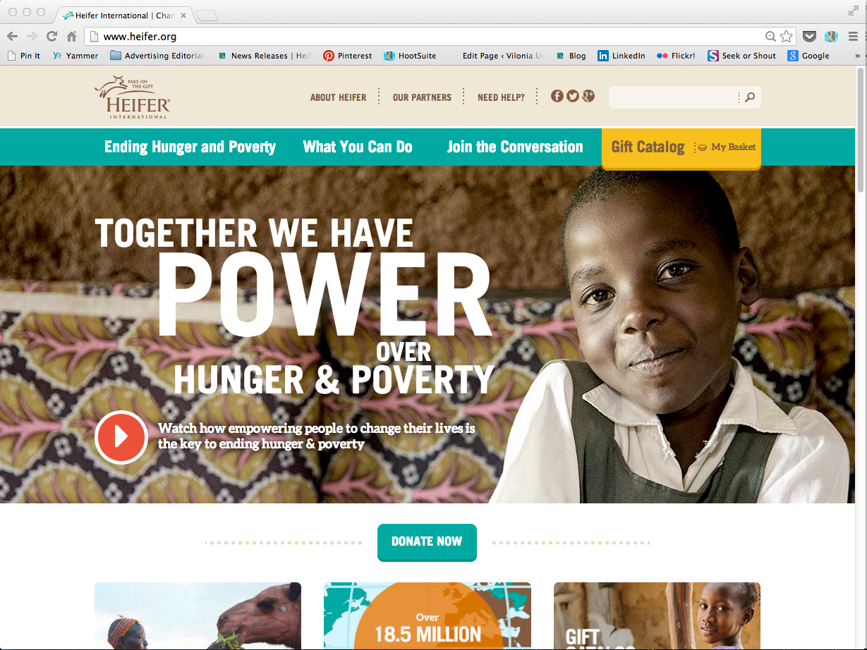 Screen shot of the new home page at www.heifer.org Heifer.org