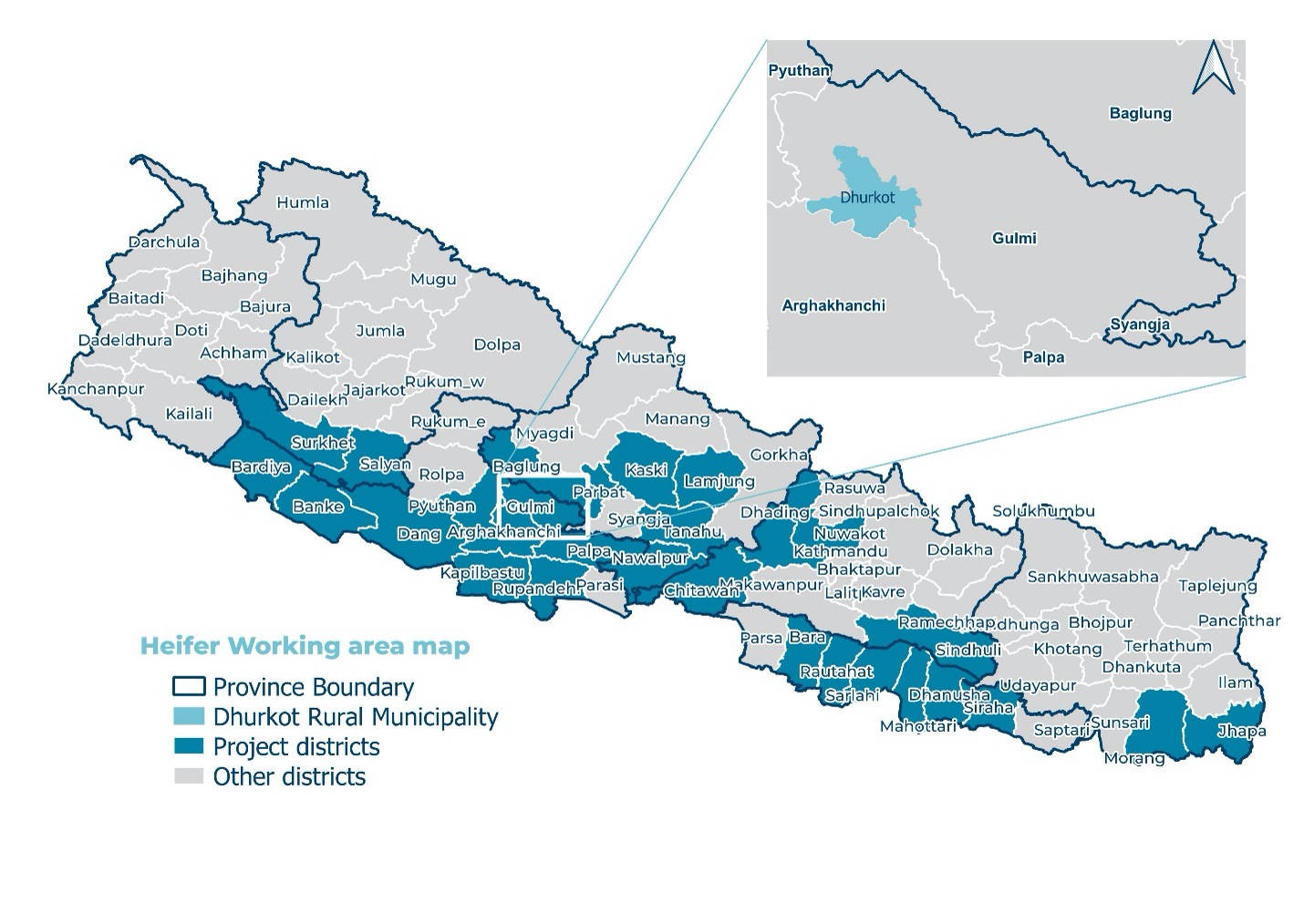 A map of Nepal highlighting the 24 municipalities in which this subsidy model has been implemented.