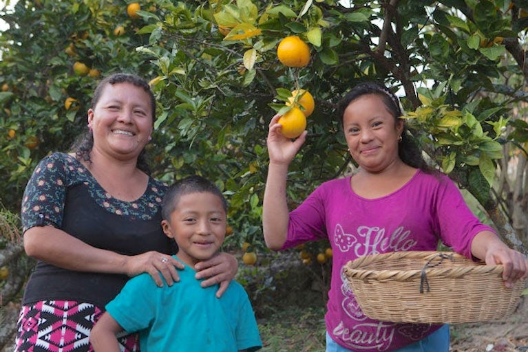 Family standing in an orange orchard smiling.