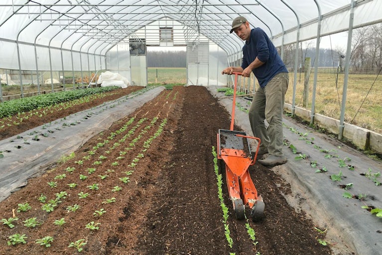 Farmer pulling a tiller through garden rows in a greenhouse.