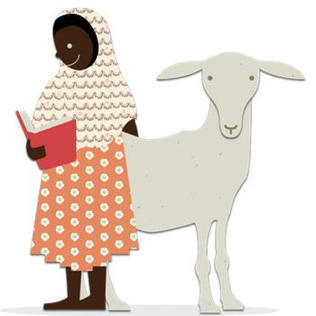 Girl reading and a sheep stands behind her.