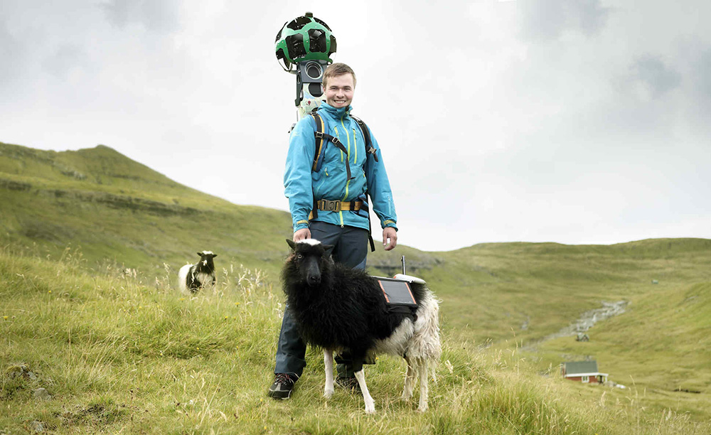 A trekker with Google's Street View camera poses with his Sheep View 360 counterpart. A trekker with Google's Street View camera poses with his Sheep View 360 counterpart.