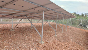 The underside view of a large solar panel array.