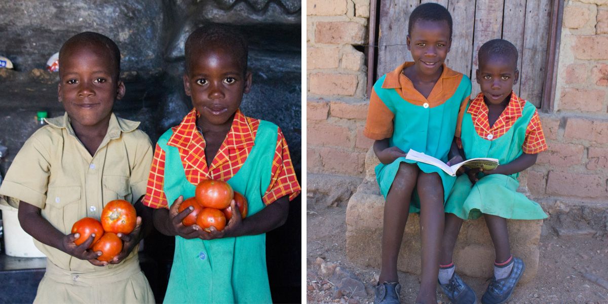 (Left) At home, twins Divine and Definite pick out tomatoes for a meal. (Right) Tendai and Divine study from their school book.